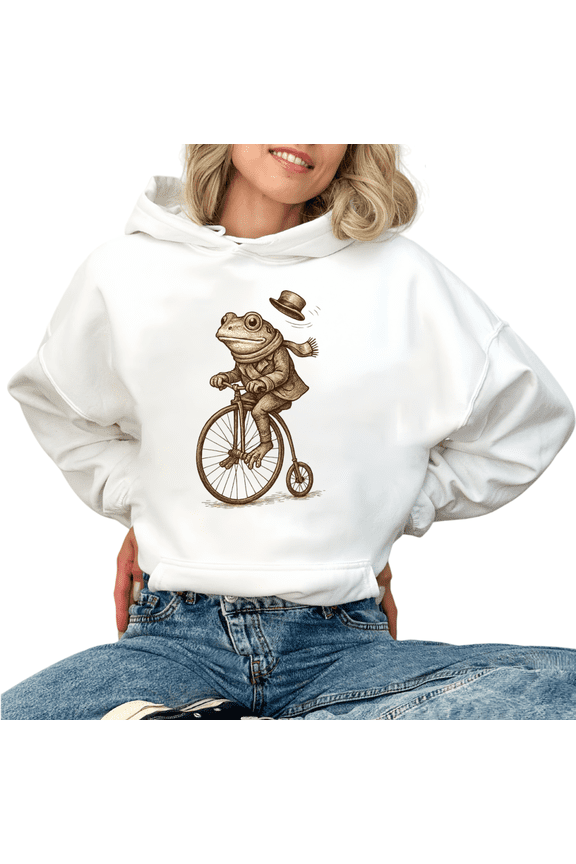 Vintage Gentleman Frog Bicycle Graphic Tees T Shirt Retro Victorian Style Trendy Daily Wear Tops Hooded long-sleeved White S-2XL
