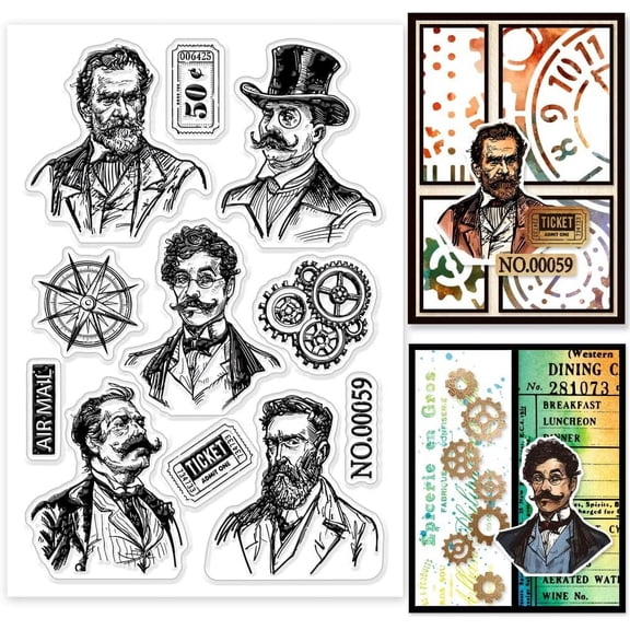 Vintage Gents Clear Stamps Retro Gentlemen Clear Stamps Mustache Men Silicone Stamps for DIY Scrapbooking oto Album Decorative Cards Making 6.3x4.33inch Mixed Color 1sheet DIY