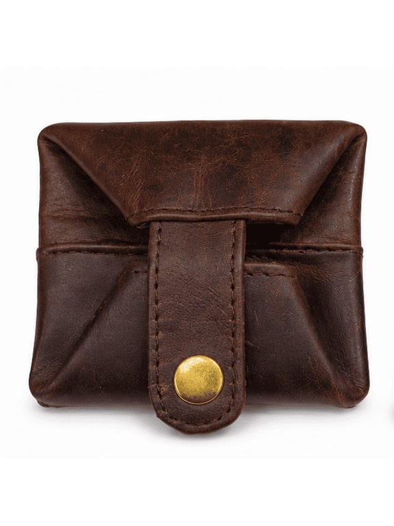 Vintage Genuine Leather Coin Pouch for Men & Women, Handmade Snap Closure Coin Purse, Compact Pocket Wallet for Coins, Keys & Small Essentials (Dark Brown)