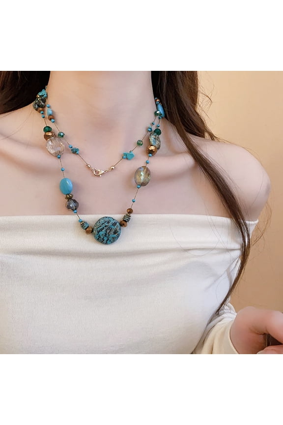 Vintage Geometric Blue Crystal Irregular Turquoise Beaded Choker Boho Layered Long Necklace for Women Fashion Statement Butterfly Flower Heart Stone Charm Bohemian Retro Sweater Chain Jewelry Gift