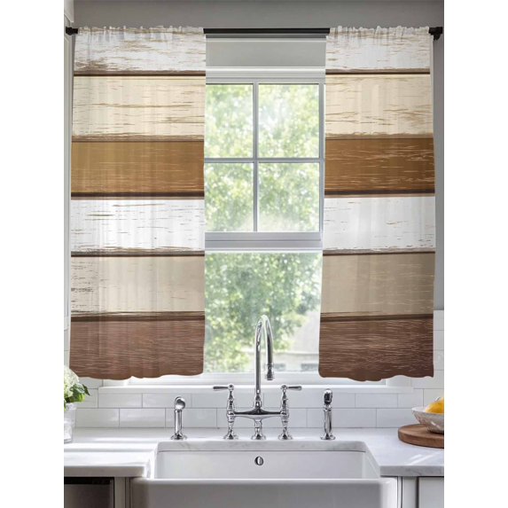 Vintage Geometric Brown Sheer Curtains for Living Room Bedroom Farmhouse Country Chic Wood Grain Sheer Curtains 63 Inch Long 2 Panels Set Light Filtering Curtain Window Treatments Drapes
