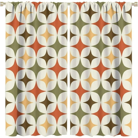 Vintage Geometric Curtains, Modern Mid Century Classic Iconic Brown Green Beige Diamond Pattern, Blackout Rod Pocket Window Treatments for Living Room Bedroom Bathroom Kitchen 26"W x 45"L (Pack of 2)