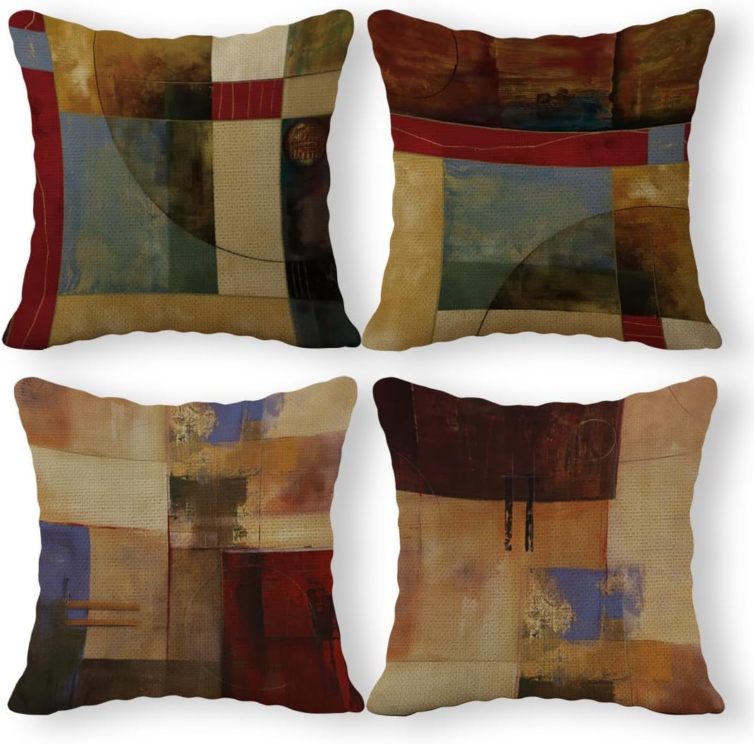 Vintage Geometric Multicolor Linen Throw Pillow Covers, 18 x 18 Inch Set of 4
