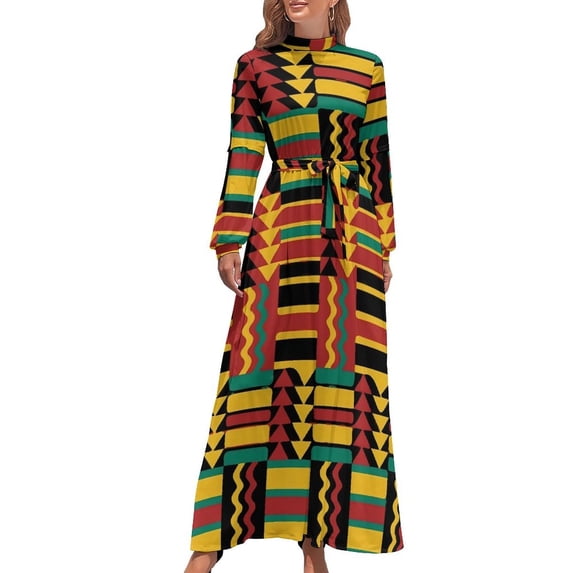 Vintage Geometric Dress Long Sleeve Blue Mosaic Maxi Dress High Waist Casual Graphic Bohemia Long Dresses Birthday Present