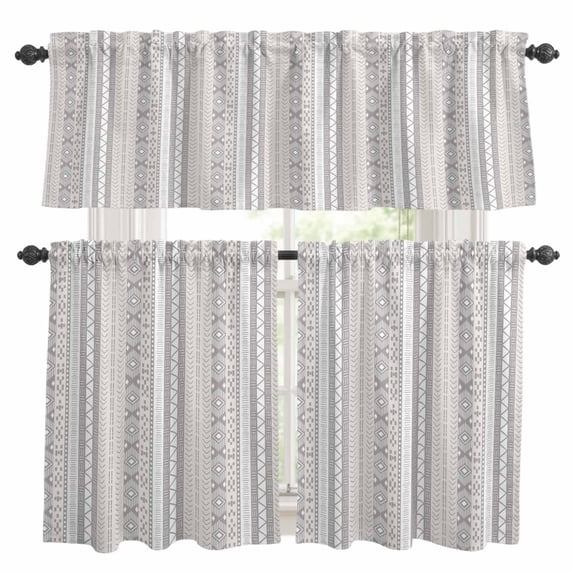 Vintage Geometric Kitchen Curtains Valances and Tiers Set of 3 Pattern White Brown Dots Stripes Tier Curtains and Valance with Rod Pocket for Small Windows, 27.5"x24"