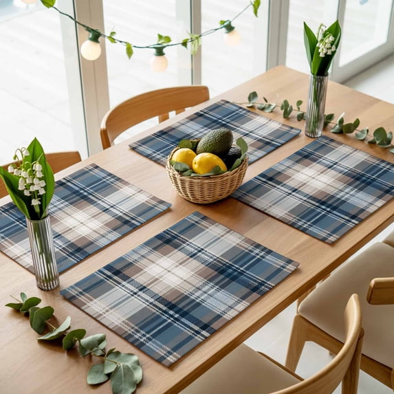 Vintage Geometric Plaid Placemats Set of 4,Wipeable Washable Table Mats for Dining Tables, Blue Brown Color Block Place Mats for Kitchen Event Party Tabletop Decor