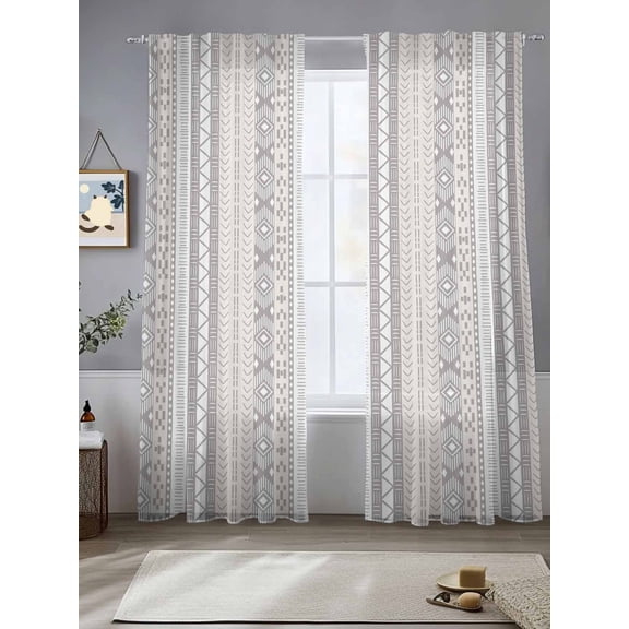 Vintage Geometric Sheer Curtains 2 Panels Set, 52" W x 84" L Pattern White Brown Dots Stripes Light Filtering Rod Pocket Voile Drapes, Window Sheer Curtains for Living Room/Bedroom