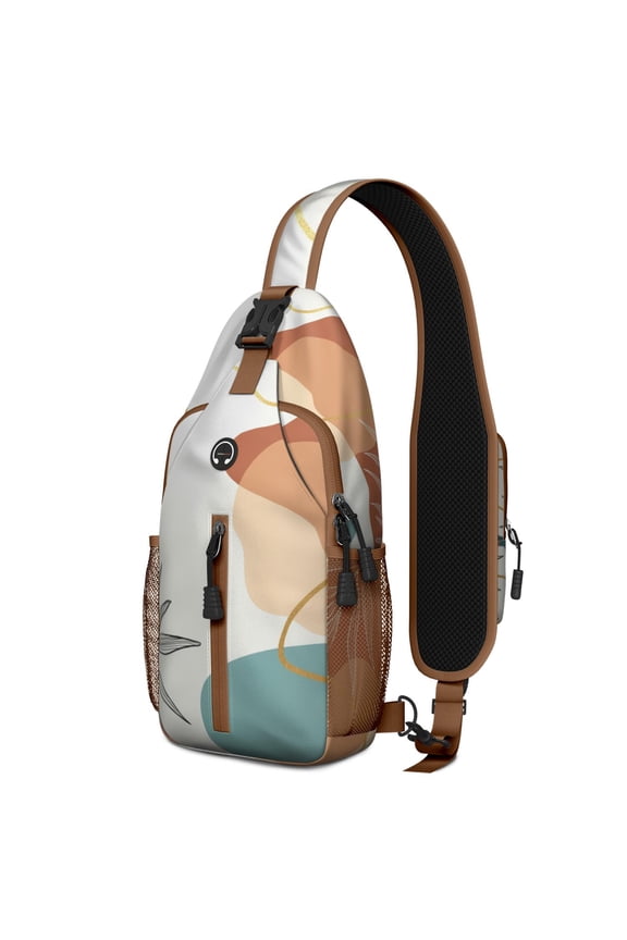 Vintage Geometric Sling Bag, Ink Sketch Crossbody Backpack with Striped Pastoral Design for City Walks