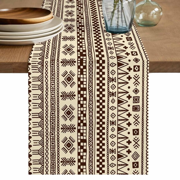 Vintage Geometric Table Runner, Traditional Beige Background Abstract Cotton Linen Kitchen Table Decoration Washable Dining Tabletop Runners for Home Party Decor 13x36 Inches