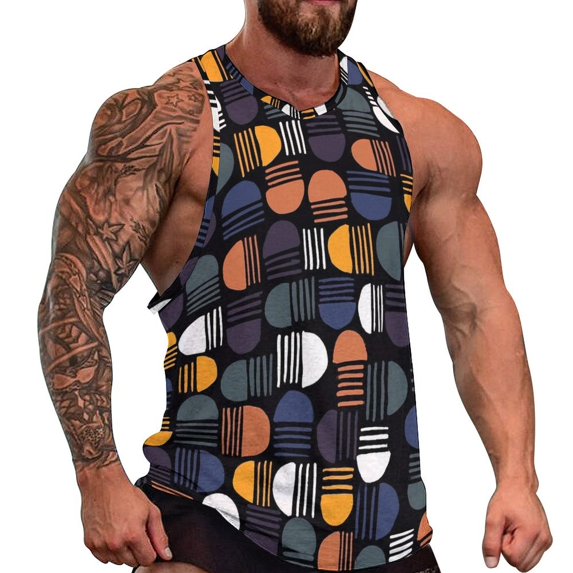 Vintage Geometric Tank Top Men Patchwork Print Cool Tops Summer Gym Custom Sleeveless Shir