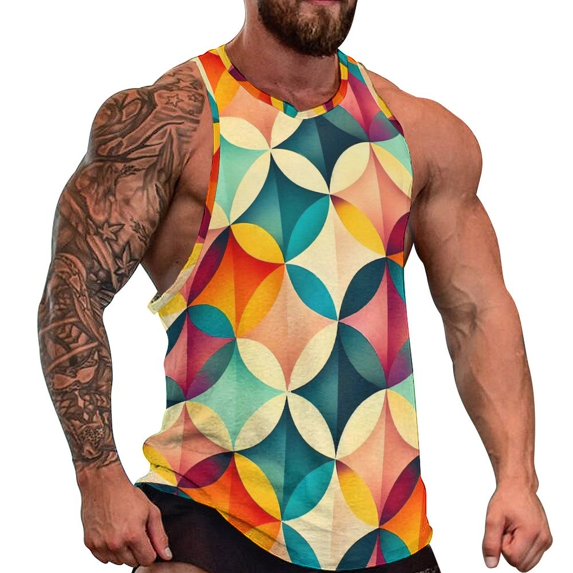 Vintage Geometric Tank Top Men Patchwork Print Cool Tops Summer Gym Custom Sleeveless Shir
