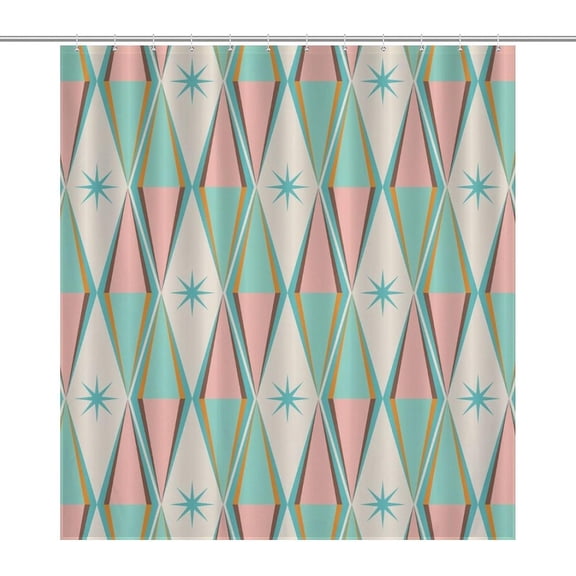 Vintage Geometry Shower Curtain, Pink Green Mid Century 50s 60s Iconic Minimal Star Pattern Home Decor Waterproof Fabric Bathroom Drape Set with Plastic Hooks-48"W x 72"L (Pack of 1)
