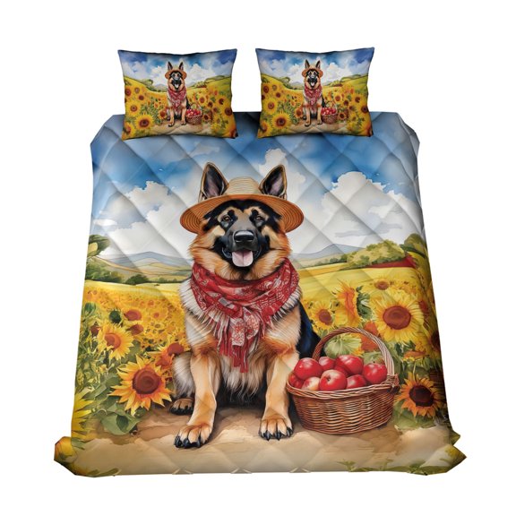 Vintage German Shepherd Says Hello Mother's Day Summer Sunflower Field Quilt Bedding Set Alsatian Dog Lover Gifts 1 Blanket Bed Cover 2 Pillowcases - 12005