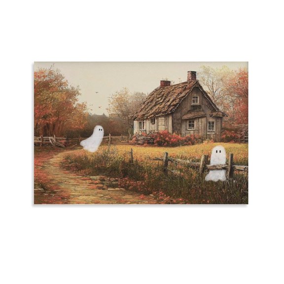 Vintage Ghost Canvas Print – Halloween Wall Art – Autumn Cottage Landscape Poster Wall Art Poster Gifts Bedroom Prints Home Decor Hanging Picture Canvas Painting Posters 08x12inch(20x30cm)