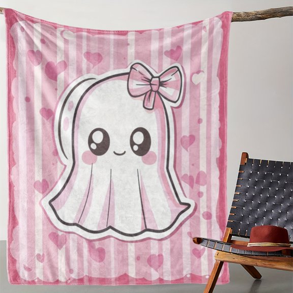 Vintage Ghost Flannel Throw Blanket – Ultra-Soft All-Season Blanket with Cute Pink Bow Print, Cozy Polyester Knit for Sofa, Bed, Car, Office & Travel | Unique Halloween Gift