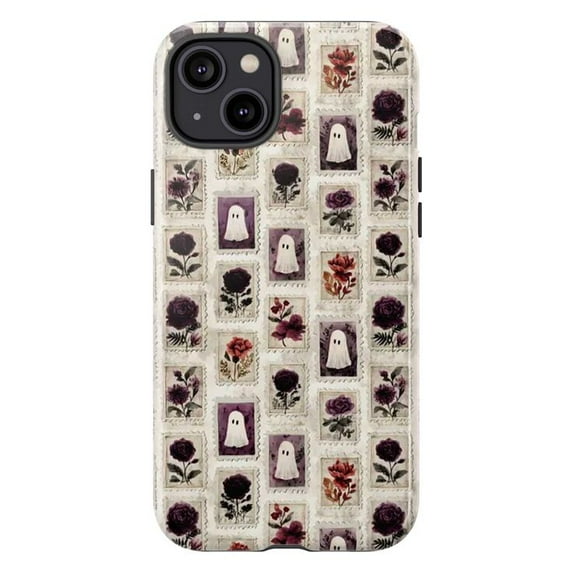 Vintage Ghost and Floral Stamp Phone Case, Spooky Cottagecore Aesthetic iPhone Cover, Artistic Protective Case for iPhone 16 15 14 13 12 11 Plus Pro Max Mini