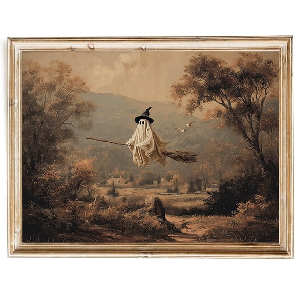 Vintage Ghost Flying Broom Halloween Wall Art Print, Gothic Spooky Decor