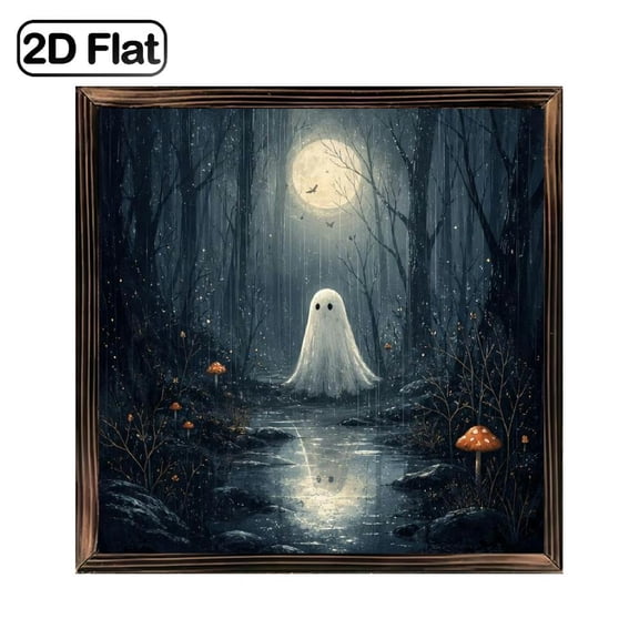 Vintage Ghost Forest Moon Mushroom Wood Art 8 Inch Square Framed Wall Decor, Halloween Holiday Ornament, Spooky Wall Hanging Sign, Unique Holiday Gift for Family Friends, Rustic Wooden Plaque