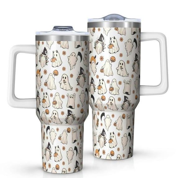 Vintage Ghost Halloween Pattern Tumbler with Handle and Lid,40oz Double Wall Vacuum Insulated Tumbler,Cups Gift for Women and Men