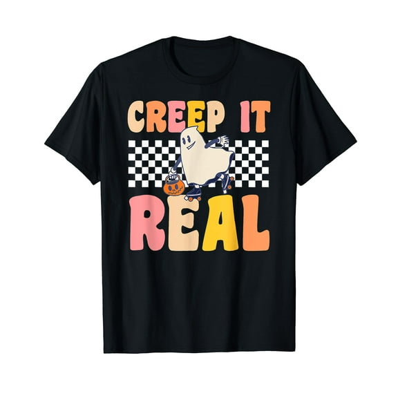 Vintage Ghost Halloween Roller Skate Creep It Real Costume T-Shirt