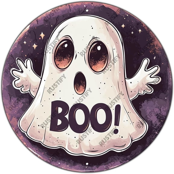 Vintage Ghost Halloween Round Metal Sign Ghost Boo Sign Farmhouse Rustic Wreath Wall Decoration for Indoor Outdoor Home Porch Window Decor 8x8 Inch