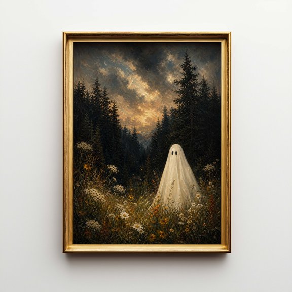 Vintage Ghost Landscape Poster Cottagecore Spooky Wall Art Dark Academia Fall Decor 7S0GN9