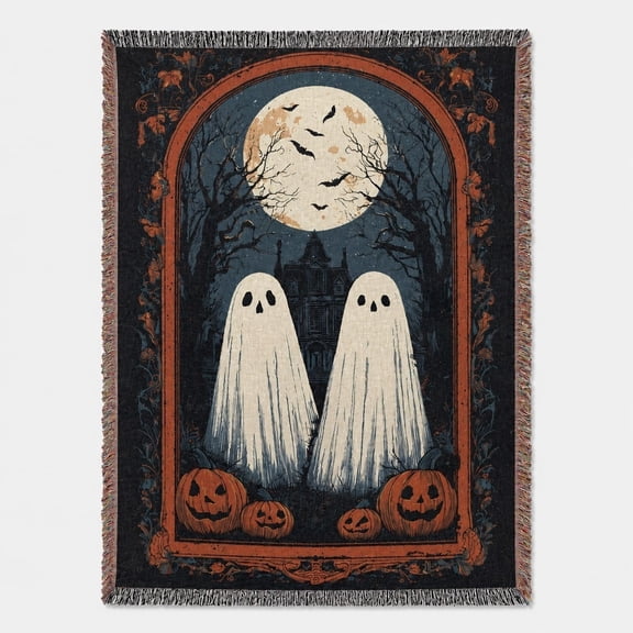 Vintage Ghost Moon Woven Cotton Throw Blanket, Spooky Pumpkin Haunted House Fall Decor, Fringed Tapestry Throw