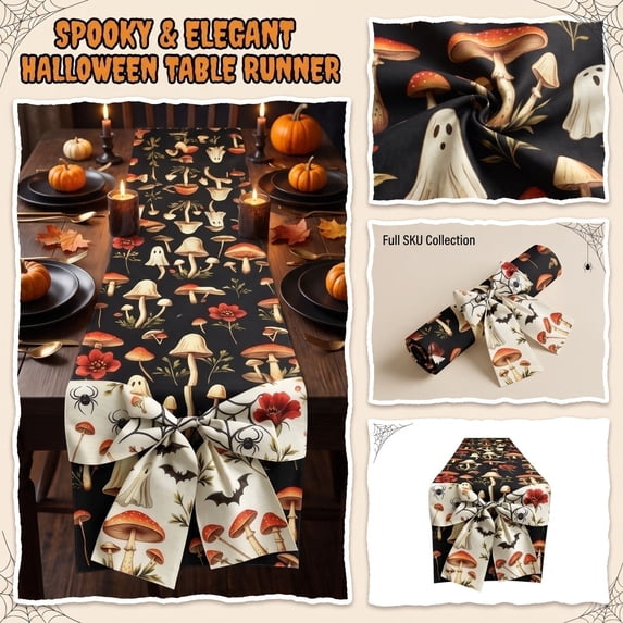 Vintage Ghost Mushroom Halloween Table Runner 13x70 Inch, Bow Decorative Table Flag, Reusable Halloween Themed Table Decor for Home Kitchen Party