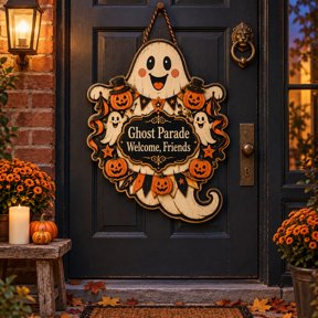 Vintage Ghost Parade Wooden Sign Door Hanger Halloween Decor