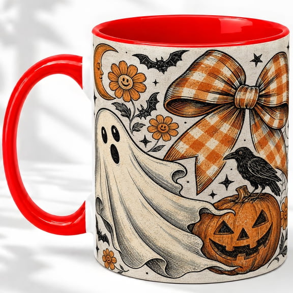 Vintage Ghost Pumpkin Accent Mug, 11oz Ceramic Coffee Cup for Halloween