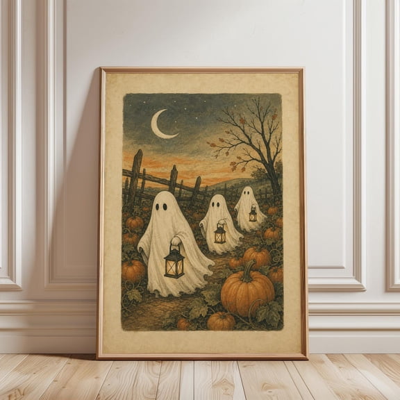 Vintage Ghost Pumpkin Patch Wall Art Print, Fall Halloween Decor