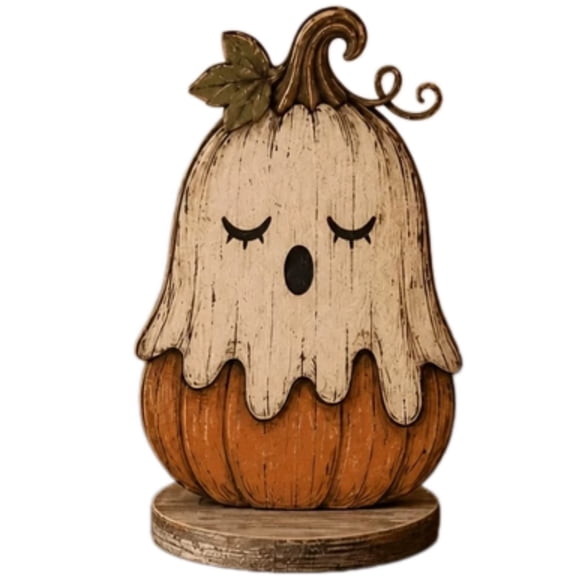 Vintage Ghost Pumpkin Wooden Tabletop Decor Fall Wooden Figurine Halloween Ghost Pumpkin Desk Mantel Ornament Gift