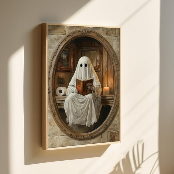 Vintage Ghost Reading Art In Front Of The Mirror In A Rustic Setting - Whimsical Decor For Unique Spaces Wall Art, Modern Wall Decor, 16x24 UNFRAMED