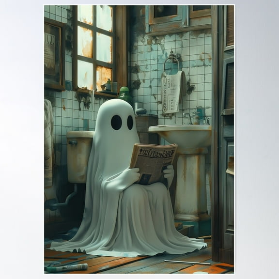 Vintage Ghost Reading Newspaper On The Toilet Poster Wall Art, Modern Wall Decor For Living Room Bedroom, 12x18 UNFRAMED
