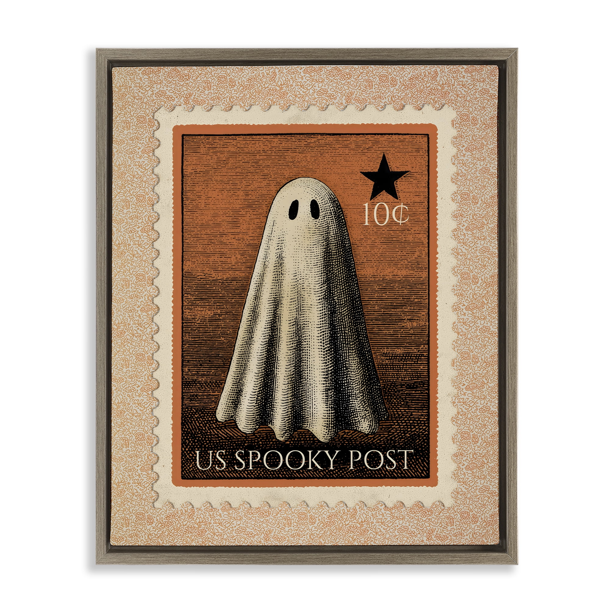Vintage Ghost Stamp Brown Framed Floater Canvas Wall Art, design by Arlington Prints