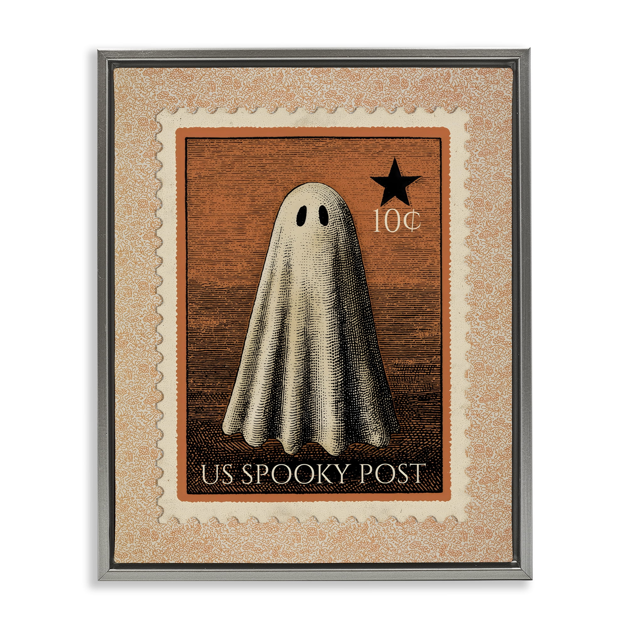 Vintage Ghost Stamp Gray Framed Floater Canvas Wall Art, design by Arlington Prints