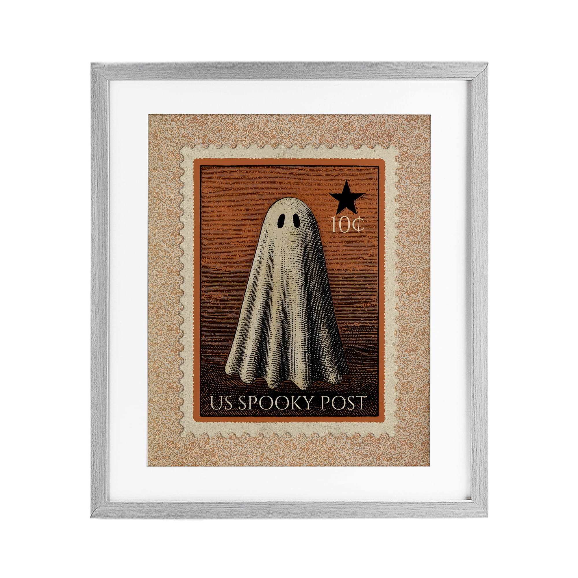 Vintage Ghost Stamp Gray Framed Print Under Glass, design by Arlington Prints