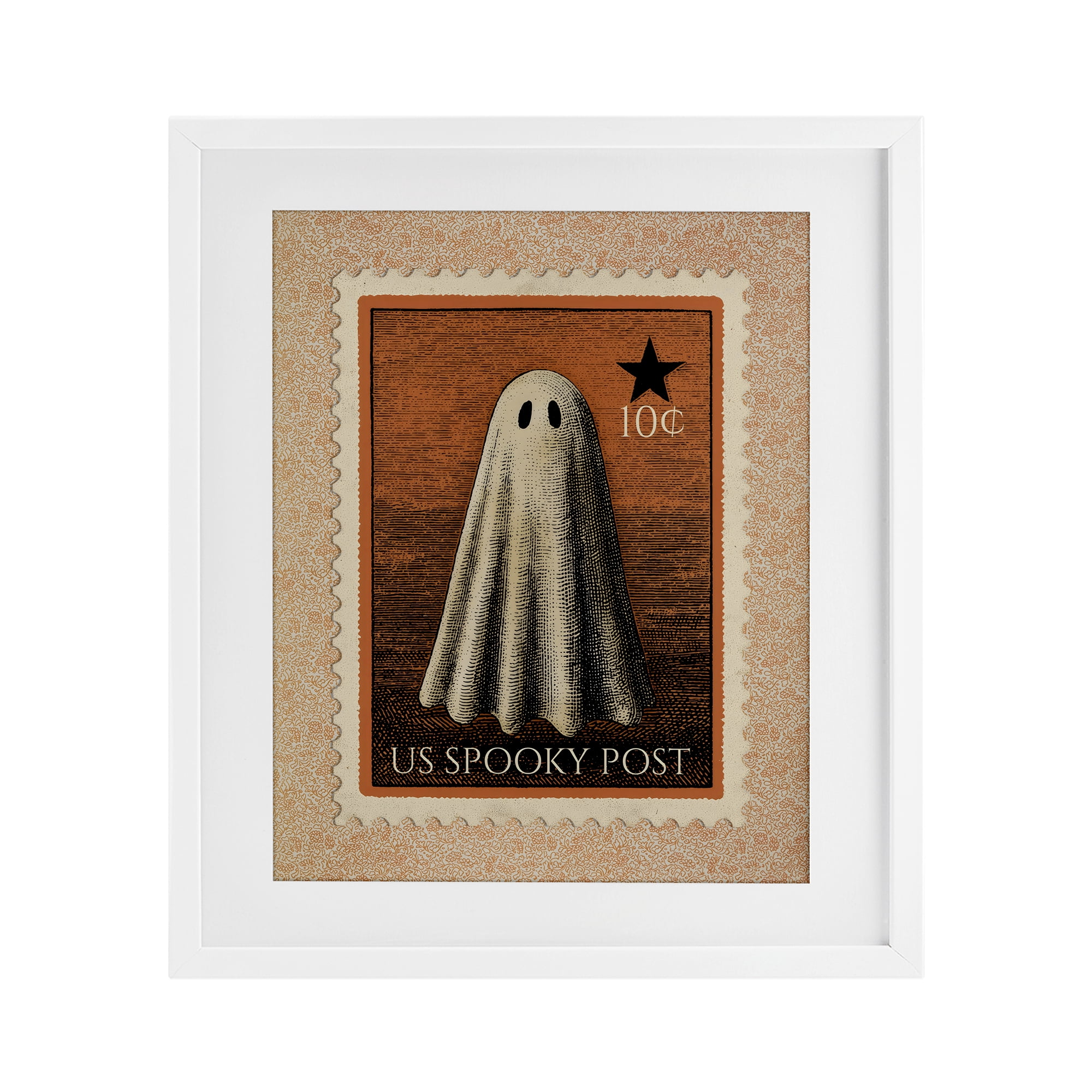 Vintage Ghost Stamp White Framed Print Under Glass, design by Arlington Prints