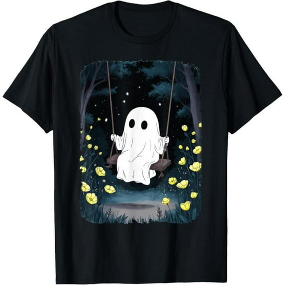 Vintage Ghost T-Shirt，Spooky Forest Night Graphic Tee，Halloween Floral Print Tops for Women，Cute，cotton，black，S-5XL