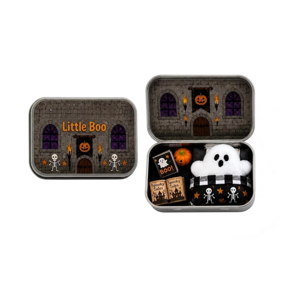 Vintage Ghost Tin Box Halloween Decor, Mini Ghost Figurine Set with Pumpkin, Cute Spooky Indoor Desk Ornament, Halloween Party Gifts