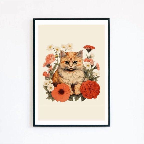 Vintage Ginger Cat Illustration Botanical Flowers- Vintage Wall Arttrendy Retro Print Room Decor Wall Art , Poster Print Only