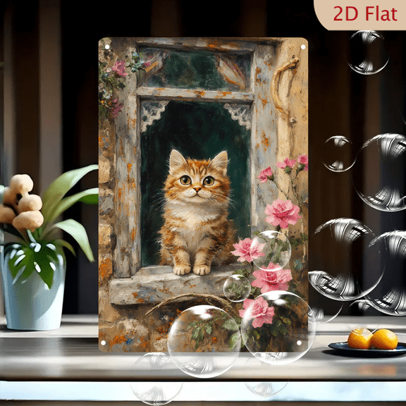 Vintage Ginger Kitten on Rustic Window with Pink Roses, 8x12 Inch Metal Wall Art, Fairy Tale Scene, Cute Cat Painting for Home Decor