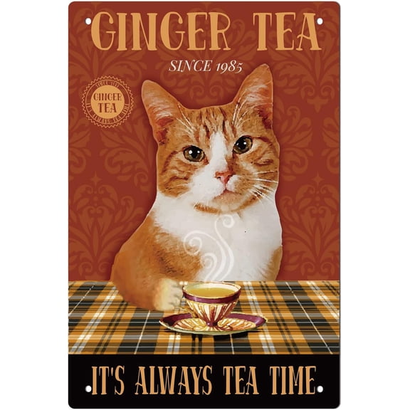 Vintage Ginger Tea Cat Metal Iron Sign Plaque Poster Retro Metal Wall Decorative Tin Signs 11.8x7.9inch for Home Bar Coffee Shop Restaurant Kitchen Club Decoration
