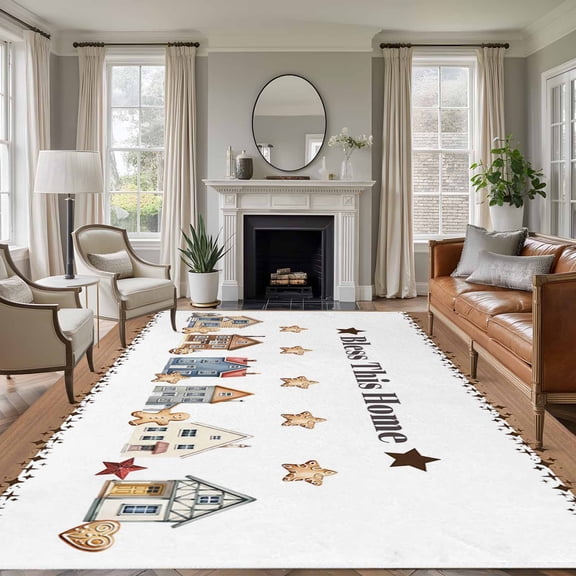 Vintage Gingerbread Area Rugs 8'x10', Washable Small Throw Rugs for Living Room Patio, Stars House Retro Art Indoor Outdoor Rug Non-Slip Low Pile Carpet Runner Reversible Floor Mats