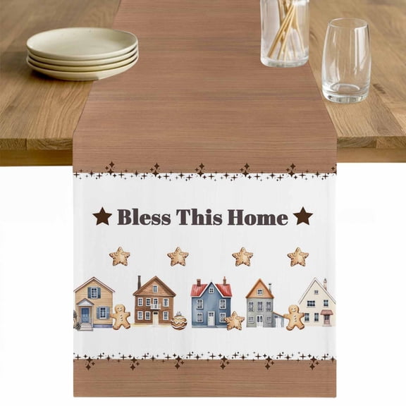 Vintage Gingerbread Table Runner - 36 Inch Long Stars House Retro Art Cotton and Linen Blended Dress Scarves Farmhouse Table Runner for Kitchen Dining, Coffee Table, 13" x 36"