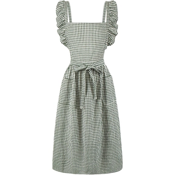 Vintage Gingham Apron for Women, Ruffle Straps, 2 Pockets, Soft Cotton, Apron Dress Style for Cooking & Baking