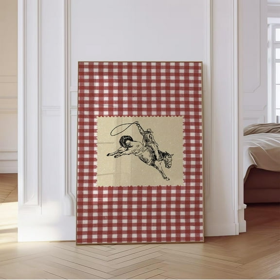 Vintage Gingham Rodeo Poster Western Bedroom Poster Cowboy Wall Art Rustic Mid Century Modern Decor Retro Poster Red Fabric Unframed Paper Print