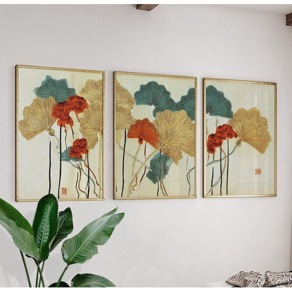 Vintage Ginkgo Leaf Gold Teal Asian Botanical Art Set 3 Unframed Paper Print 8x12