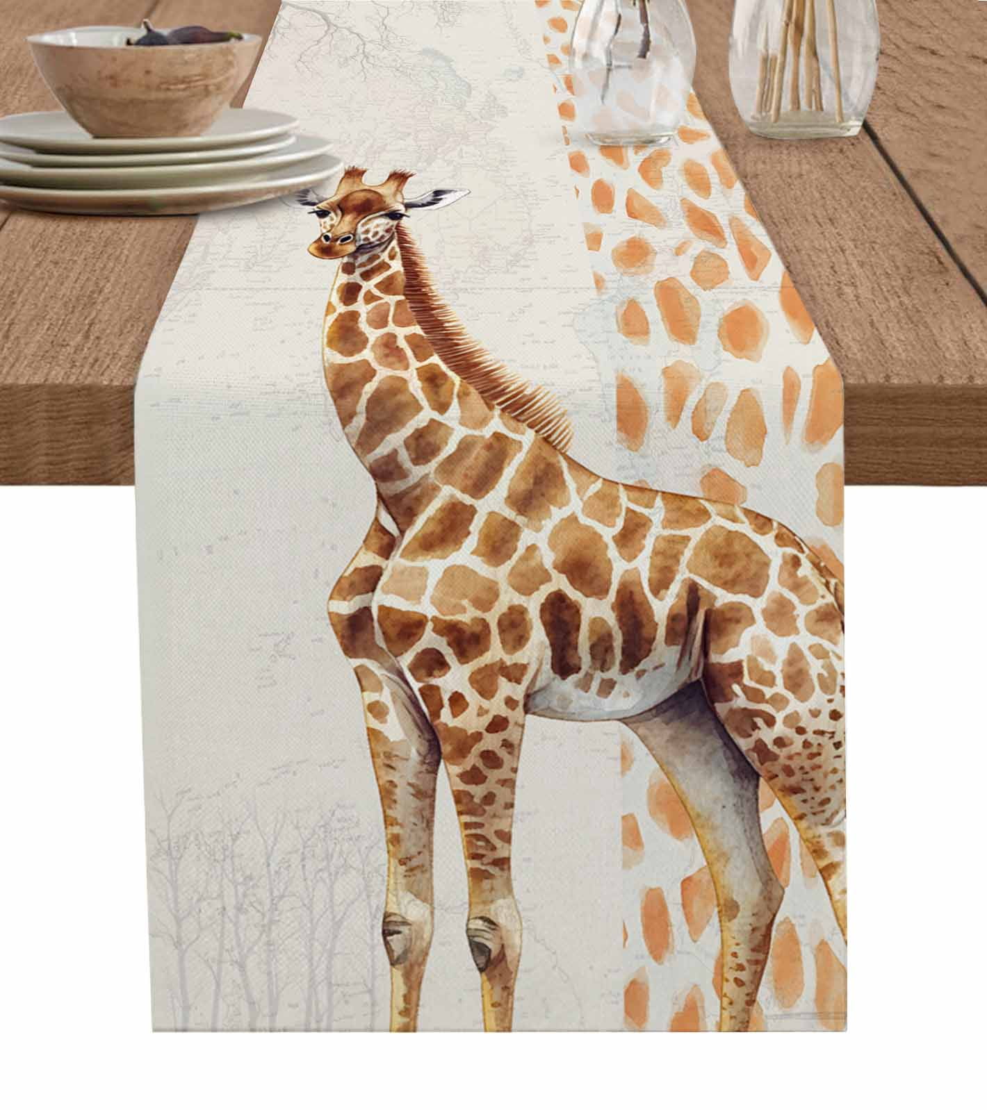 Vintage Giraffe Burlap Cotton Table Runner 14x72 Inches Long, Modern Art Animal Watercolor Farmhouse Table Runners, Outdoor Dining Tablecloths Decor for Baby Shower/Party/Wedding