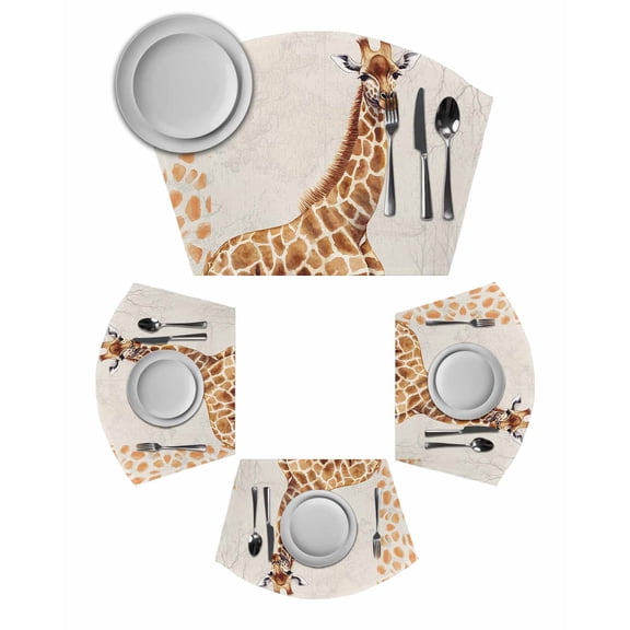 Vintage Giraffe Round Table Placemats Set of 2 Wedge Placemats, Modern Art Animal Watercolor Place Mats for Dining Table Set Washable Mats Kitchen Decor for Indoor Outdoor Wipe Clean